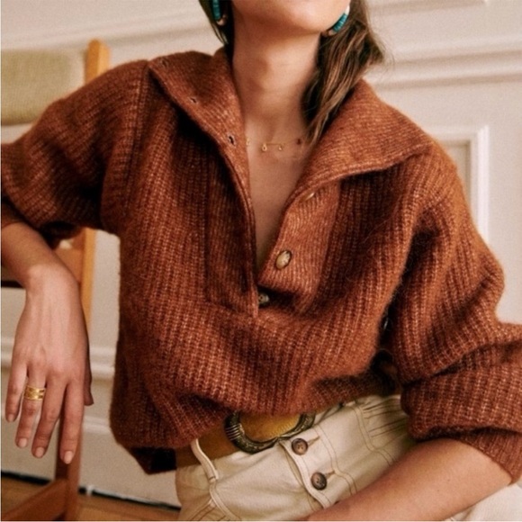 Sezane Sweaters - Sezane Mickey Copper-Rust Buttoned Turtleneck Sweater